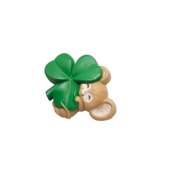 Vintage 1989 Hallmark Shamrock & Mouse Brooch Pin Hard Plastic St Patrick's Day - Picture 2 of 4